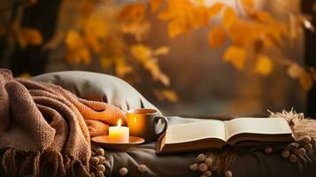 une tasse de chaud cacao une tricoté couverture et une empiler de livres attendre à être exploré dans une confortable l'automne coin photo