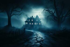 une effrayant hanté maison avec sinistre éclairage et brouillard Contexte avec vide espace pour texte photo