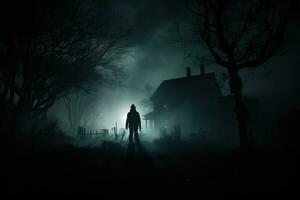 une mystérieux silhouette de une hanté maison englouti dans un sinistre brouillard attend courageux âmes sur fantôme visites guidées photo