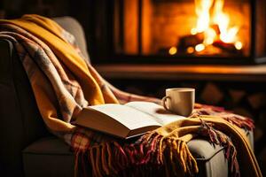 une la personne séance par le cheminée enveloppé dans une doux couverture en train de lire une livre entouré par coloré l'automne feuilles photo