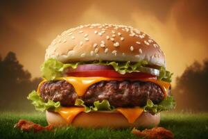 gros savoureux Hamburger sur vert herbe paysage Contexte photo