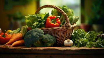 des légumes dans osier panier sur en bois table photo