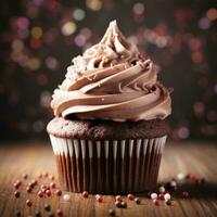 Chocolat petit gâteau avec crème et Chocolat frites sur foncé en bois Contexte photo