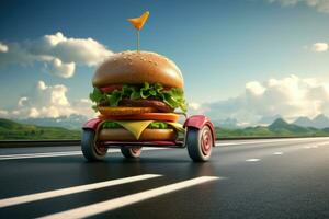 Burger livraison. vite Hamburger auto. cheeseburger comme vite nourriture auto. Hamburger conduite sur le route. vite nourriture concept photo