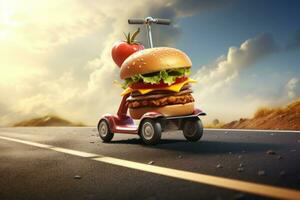 Burger livraison. vite Hamburger auto. cheeseburger comme vite nourriture auto. Hamburger conduite sur le route. vite nourriture concept photo