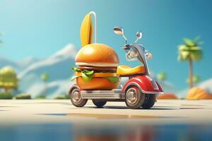 Burger livraison. vite Hamburger auto. cheeseburger comme vite nourriture auto. Hamburger conduite sur le route. vite nourriture concept photo