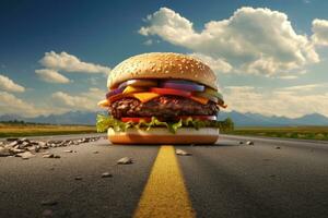 savoureux Hamburger sur asphalte route Contexte photo