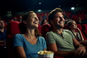 content couple avec seau de pop corn dans film théâtre photo