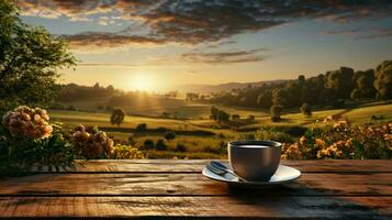 une tasse de délicieux café sur une en bois table contre le toile de fond de la nature à le coucher du soleil photo