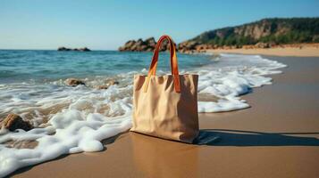 une Facile respectueux de la nature en tissu sac sur le Contexte de le plage sur le mer photo
