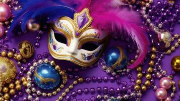de fête mardi gras composition avec masque perles et fleur de lis sur une violet Contexte ai génératif photo