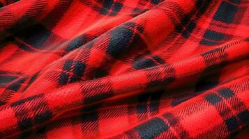 Écossais tartan modèle une fermer de le rouge, noir, et bleu vérifié en tissu avec une doux et de laine ressentir ai génératif photo