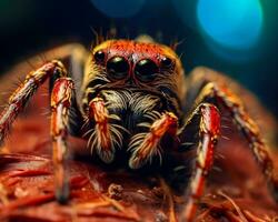 rouge et vert sauter araignée sur feuille ai génératif photo