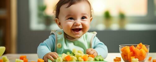 fermer de une bébé Heureusement profiter une coloré assiette de riche en nutriments végétalien et végétarien bébé nourriture les options photo
