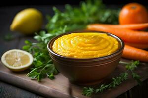 une fermer coup de une brillant Orange purée parfait pour introduction carottes à bébé régime photo