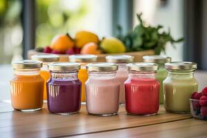 une fermer de une variété de Frais vibrant fruit purées soigneusement affiché dans petit verre pots prêt pour bébés à prendre plaisir photo