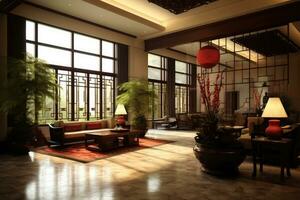 Hôtel hall avec chinois style meubles professionnel photographie ai généré photo