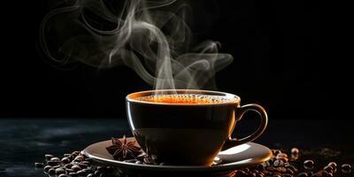 rafraîchissant tasse de chaud café sur une table isolé sur noir arrière-plan, copie espace, confortable chaud ambiance photo