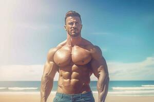 muscle homme mer plage. produire ai photo