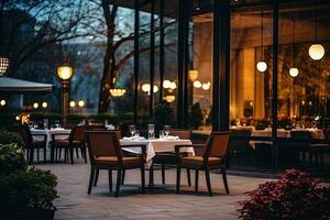 luxe restaurant avec les tables et chaises dans le soir. restaurant extérieur. génératif ai photo