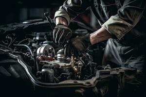 professionnel mécanicien travail dans auto réparation magasin. voiture un service et entretien concept. génératif ai photo