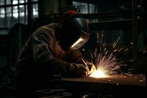 industriel ouvrier avec protecteur masque soudage acier structure dans une usine. génératif ai photo