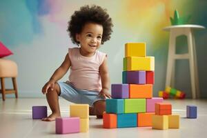 mignonne enfant dans le vivant pièce bâtiment avec blocs dans le pièce photo