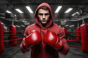 professionnel boxeur posant avec le sien gants sur dans le boxe bague photo