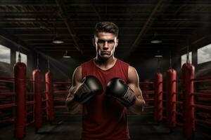 professionnel boxeur posant avec le sien gants sur dans le boxe bague photo