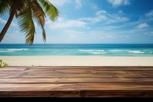 magnifique paysage de le mer avec en bois table sur le plage photo