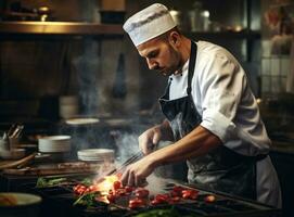 chef en train de préparer nourriture pour restaurant photo