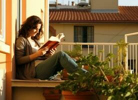 fille en train de lire livre sur patio dans ensoleillé climat photo