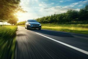 voiture conduite sur pays route avec mouvement brouiller effet. génératif ai photo