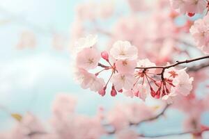 Cerise fleurir, Sakura fleurs sur bleu ciel Contexte. Cerise fleur Sakura dans printemps temps, doux arrière-plan, ai généré photo