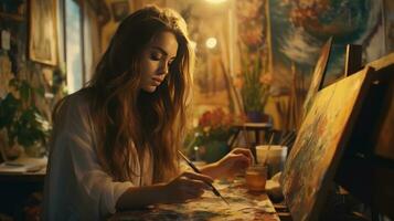 artistique inspiration une femelle peintre avec une palette et brosses dans sa studio ai génératif photo