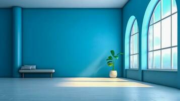 bleu mur et arqué les fenêtres dans vide scandinave intérieur minimaliste grenier avec en bois sol ai généré photo