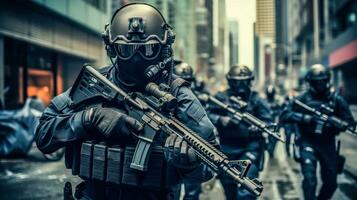 antiterroriste équipe une groupe de armé et blindé police officiers dans une ville rue ai généré photo