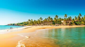 tropical paradis une ensoleillé journée sur le plage avec paume des arbres et blanc recours dans goa Inde ai généré photo