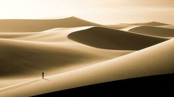 minimaliste image de une la personne en marchant dans une désert avec le sable dunes une la personne dans une peignoir sur une lisse ai génératif photo