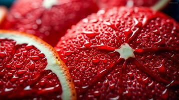 rouge pamplemousse une délicieux et en bonne santé fruit une macro coup de une Couper pamplemousse avec une brillant Couleur et une texturé surface ai génératif photo