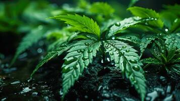 cannabis plante avec l'eau gouttelettes sur ses feuilles une fermer image de une médicinal herbe ai généré photo