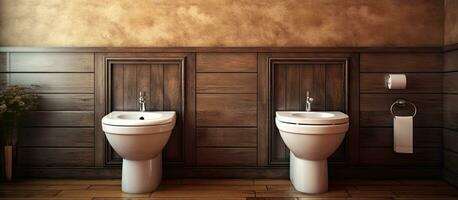 en bois sol salle de repos avec toilette et bidet photo