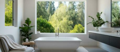 luxueux Accueil avec Maître salle de bains avec baignoire fenêtre vue de chambre et arbre rempli quartier photo