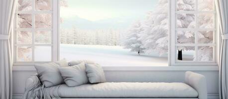 scandinave intérieur conception avec canapé et neigeux fenêtre vue dans blanc pièce représentation photo