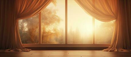 lever du soleil vu par fenêtre et rideaux dans le Matin photo