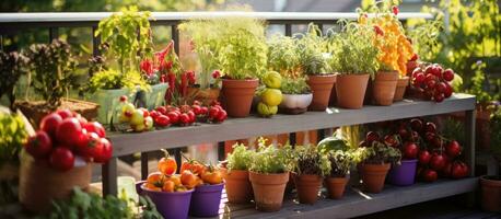 une balcon avec divers mis en pot les plantes comme Cerise tomates lavande poireaux céleri et des fraises photo
