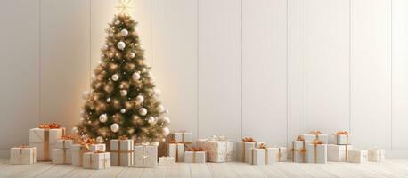 blanc vacances Accueil décor avec Noël arbre guirlande lumières et cadeaux pour le Nouveau année photo
