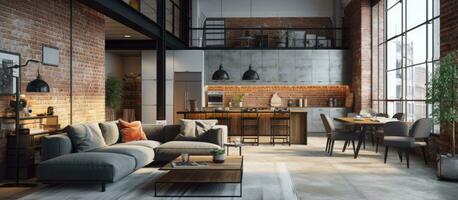 contemporain grenier appartement avec ouvert plan vivant cuisine et haute plafond photo