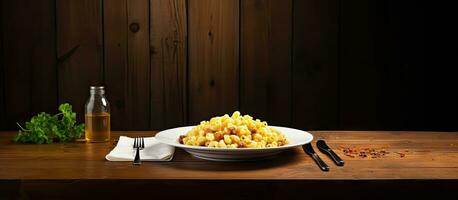 table avec macaroni traditionnel repas un service pot sur table photo