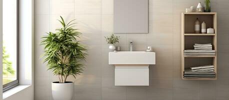 toilette mis dans élégant lumière salle de bains avec blanc évier photo